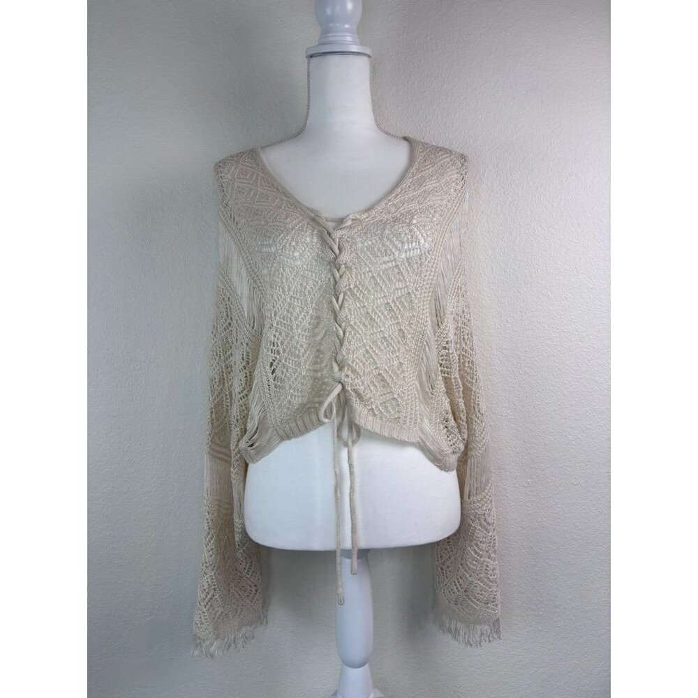 Willow+Root women's XS cream crocheted lace up cropped bell sleeve boho‎ top